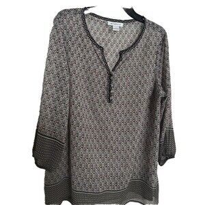 Liz Claiborne Women’s Floral V-Neck 3/4 Sleeve Button Sheer Large